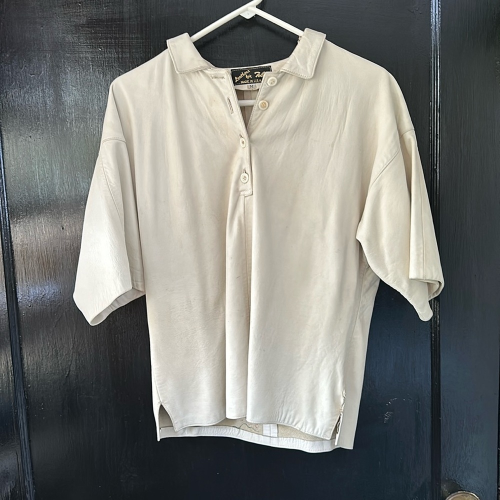 Vintage leather cropped tunic shirt in Ivory/cream sz M